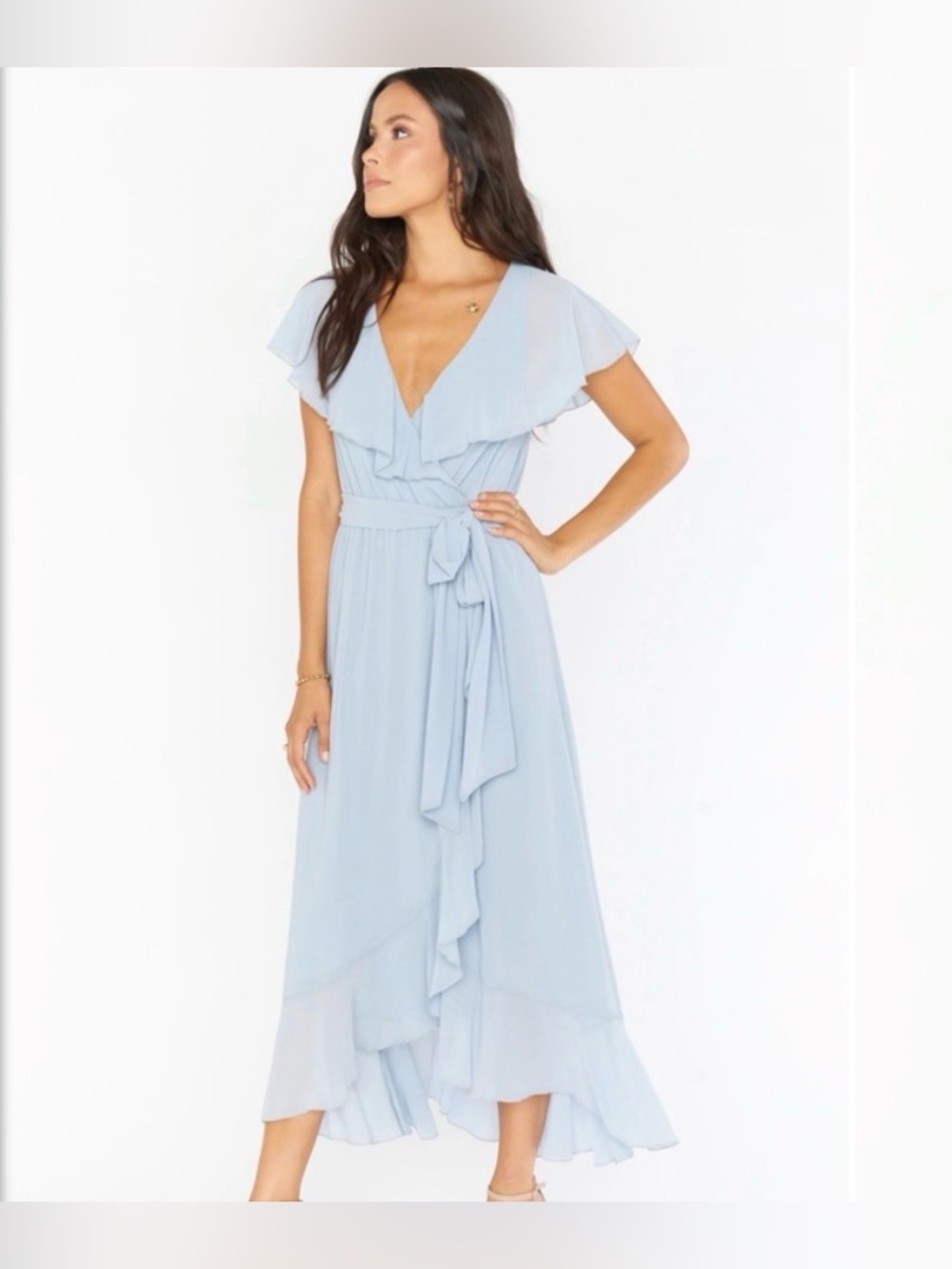 Show Me Your MuMu Jess Ruffle Midi Dress Pale Blue Ruffle - Picture 2 of 7